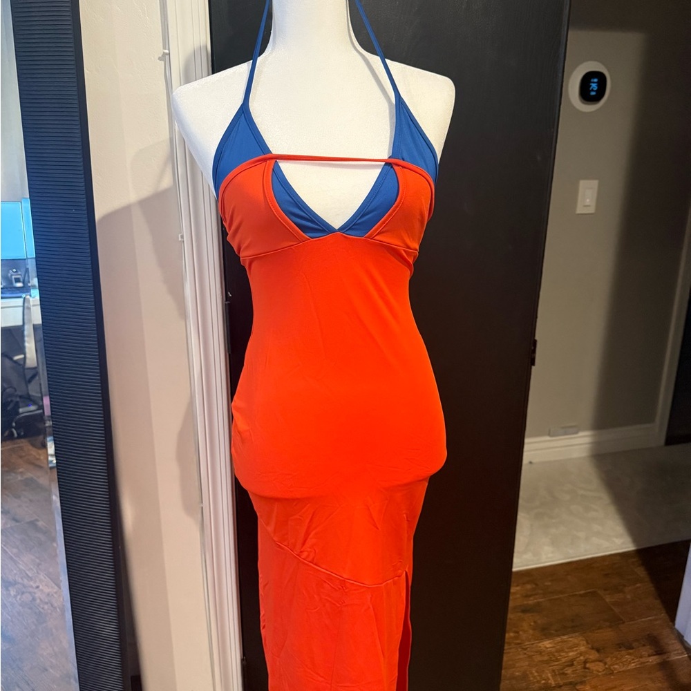 Fashion Nova Orange Halter Midi Dress with Blue Accents